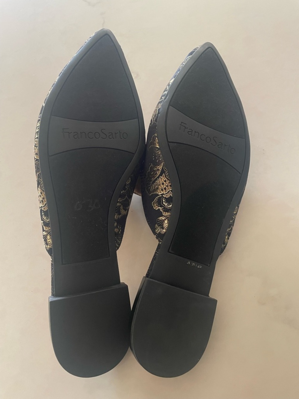 Franco Sarto Black and Gold Paisley Embroidered Slip-On Mules - Picture 5 of 5